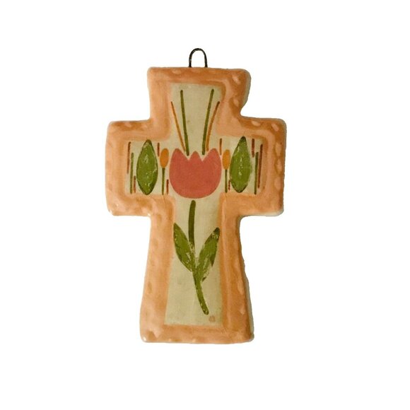 Small Hecho En Mexico Ceramic Cross Spring Tulip Orange Handmade 3" Wall Decor - Picture 1 of 6